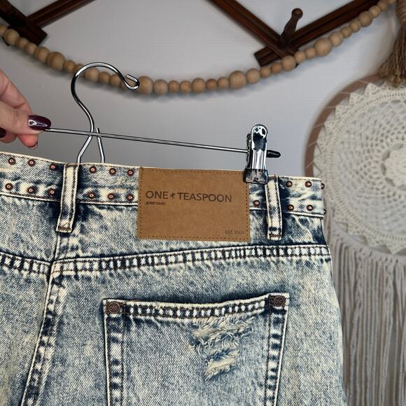 One Teaspoon Studded Junkyard Denim Distressed Fringe Skirt - Picture 3 of 4